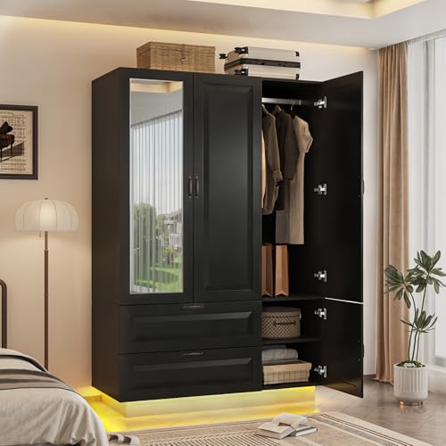 Squireewo Concave-Convex Style 3 Doors Wardrobe Closet Armoire with Mirrors and LED Lights, 70.3