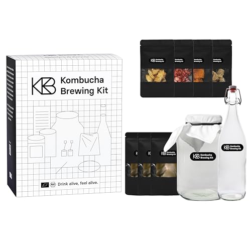 Kombucha Brewing Kit XL Bundle, Kombucha Starter Set mit 3x Bio-SCOBY Starterkultur, Kombucha Pilz, 4 Infusion-Geschmacksrichtungen, mit 2x Gärgefäß, 2x Bügelflasche, Bio-Rohrohrzucker, Glasstrohhalm