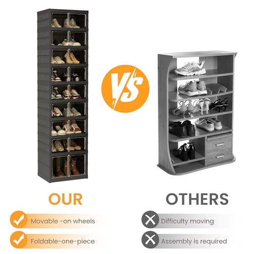 Image of Foldable Shoe Organizer Storage Box Set of 6, Portable Extra Large Folding Shoe Rack for Closet, Shoe Storage Box with Magnetic Transparent Door and Wheels, 9 Layers 18 Grids with 2 Big Grids