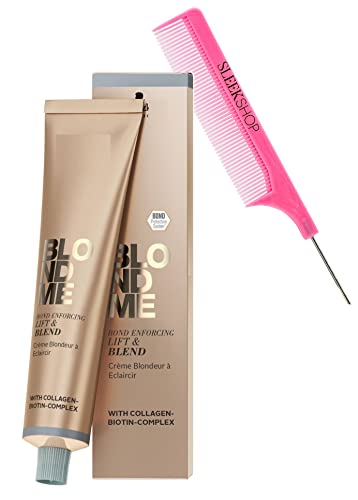 Sleekshop Comb + Schwarzkapf BLONDME Blond Me Bond Enforcing LIFT & BLEND with Collagen-Biotin-Complex - Haircolor Dye, Newest 2023-2024 Formula with 3D Hair Color Bond Creation (w/ Argan-Oil Infused PINK Rat Tail Steel Pin Comb) (Lift & Blend - Sand