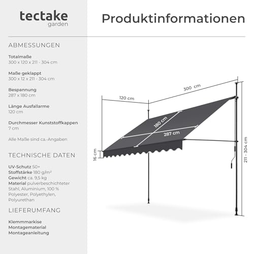 tectake® Klemmmarkise mit Handkurbel, Balkon Markise ohne Bohren, Markise höhenverstellbar, UV-beständig, wasserabweisend, Terrassenüberdachung, Sonnenschutz Terrasse & Balkon, 300 cm - schwarz/grau 6