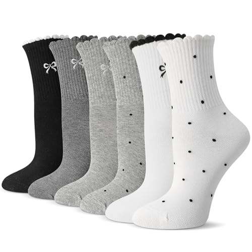 scenicamp 6 Pairs Women's Ruffle Socks Crew Casual Cute Socks Bow Polka White Black Grey