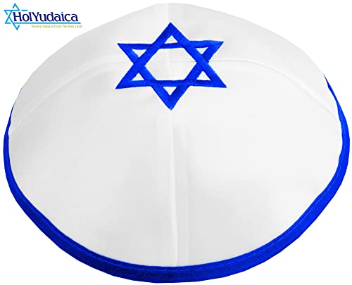 Image of Pack of 10-Pcs Hq 20cm Satin Kippah with Silver /Gold String+Star of David for Men & Boys, Yamaka Hat from Israel, Kippot Bulk (White Blue)