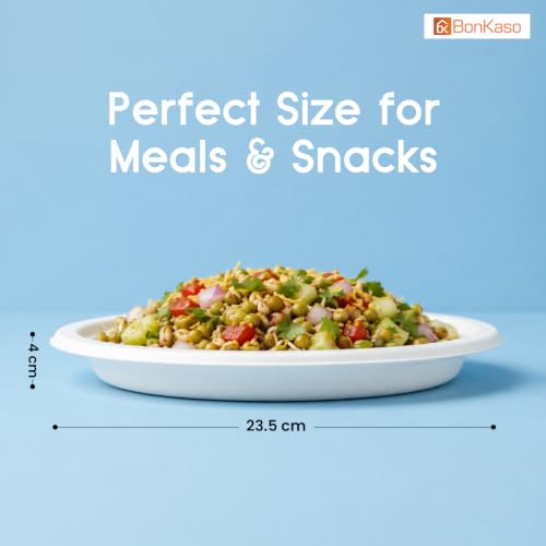 Image of Bonkaso 9 Inch, Pack of 100 Bagasse Disposable Round Plates (White)| Eco-Friendly Sugarcane Paper Plates | Biodegradable, Compostable & Sturdy | Ideal for Snacks, Desserts, Parties, Weddings & Events