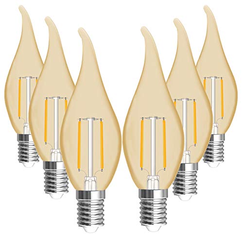 Bombilla LED de filamento retro E14, Sahpe, vela ámbar de llama vintage, 3 W, 220 lm, equivalente a 25 W, blanco extra cálido (2200 K), tornillo Edison pequeño, paquete de 6 Cover