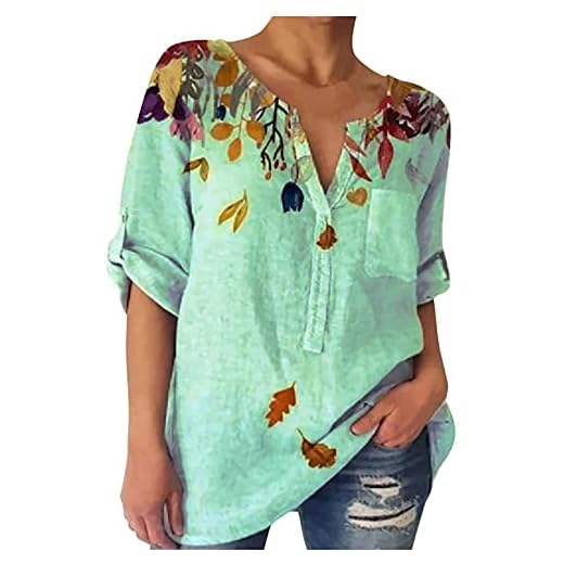 YANFANG Camisa Estampada para Mujer, con Cuello En V Y Manga Larga,Mujeres Floral Imprimir V-Cuello 3/4-Manga Botones Casual Camisas,Blusa Algodon,Blusas Larga Verano,Tallas Grandes-2-Verde Menta-L