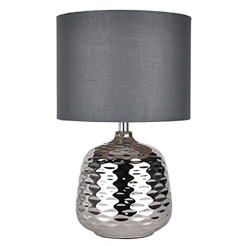 Modern Metallic Chrome Ceramic Dimple Table Lamp Bedside Light with Grey Shade