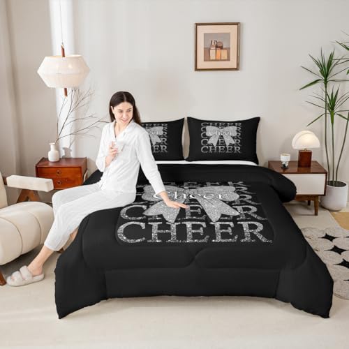 Image of Feelyou Cheer Bow Comforter Set Queen Size Cheerleading Bedding Set for Kids Boys Girls Funny Sport Duvet Quilt Silver Bedroom Decor Microfiber 3 Pcs with 2 Pillow Cases