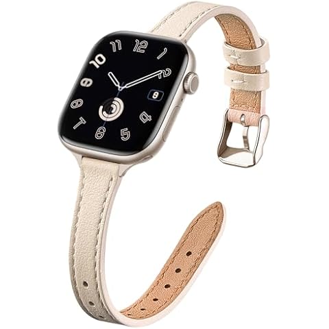 STIROLL Slim Leather Bands Compatible with Apple Watch Band 49mm 46mm 45mm 44mm 42mm(Series 3 2 1) Women, Top Grain Leather Strap Thin Wristband for iWatch SE Series 10 9 8 7 6 5 4,Beige Starlight Cover