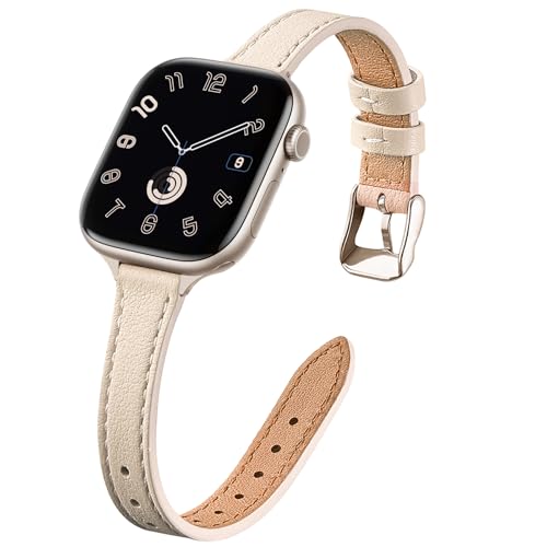 Image of STIROLL Slim Leather Bands Compatible with Apple Watch Band 38mm 40mm 41mm 42mm(Series 11 10), Top Grain Leather Watch Thin Wristband for iWatch SE 9 8 7 6 5 4 3 2 1 (Beige Starlight)