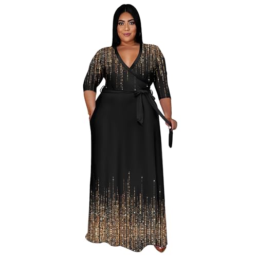 Image of Nmoder Plus Size Maxi Dress for Women - Summer Casual 3 /4 Sleeve Floral Flowy Long Dress with Belt XL- 6XL