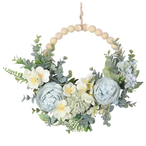 Ghirlande primaverili per porta d'ingresso, 14x9 ghirlanda blu floreale vitale con perle di legno, fiori e foglie verdi, ghirlanda della porta appesa per decorazioni per finestre a parete, ghirlanti