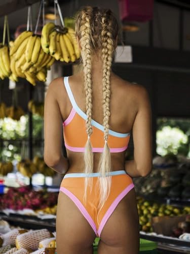 Women’s Ribbed Bikini Sets One Shoulder Top Two Piece Swimsuits Mid Rise Color Block Bathing Suit2