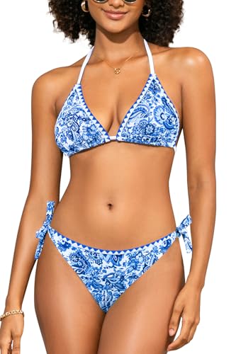 SHEKINI Women's Bikini Set Triangle Halter Tie Side Cheeky Bottom Paisley Shell Stitched Two Piece Swimsuit Boho Beach Swimwear, Blue Floral, S