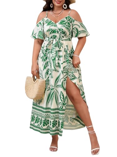 Image of Floerns Women's Plus Size Cold Shoulder Short Sleeve Split Thigh Long Dress