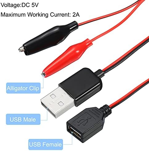 sourcing map Crocodile Clamps Test Wire, USB Male & Female to Alligator Clips 60cm for Charge Testing Circuit Adapter Black Red 3 Set Pack of 3