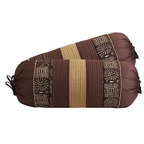 Image of Gifts Island Combo Silk Traditional Striped & Rajasthani Warli Golden Hand Printed Pillow Cushion Covers 16x16 inches Set of 5 & Round Pillow Bolster Covers Set of 2 16x32 inches (Brown)