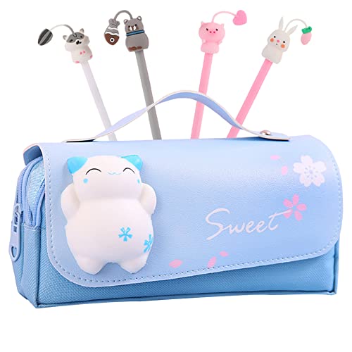 Trousse Scolaire pour Fille, Trousse à Crayons de Chat Animal avec 4PCS Stylos Sac de Papeterie en Toile Enfant Grande Capacité pour Etudiants Adolescent Garçon Multicolore (Bleu)