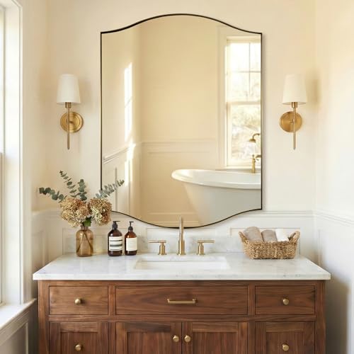 Image of ANDY STAR Rectangle Scalloped Mirror, 36 inchx48 inch Brushed Gold Bathroom Mirror in SUS304 Stainless Steel Metal Frame, Brass Vanity Mirror with Unique Arched Top Design