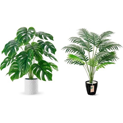 Der Rose Bundle of 28'' Fake Plants Large Artificial Plants and 28'' Fake Plants Large Artificial Palm Tree for Home Room Indoor Outdoor Decor
