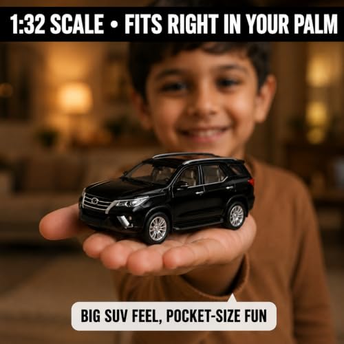 Image of 1:32 Scale Black Fortuner Die Cast Metal Pull Back Toy Car with Openable Doors Lights and Sound Realistic 4x4 SUV Miniature Model Vehicle Collectible Gift for Kids Boys Girls Durable Premium Toy Car