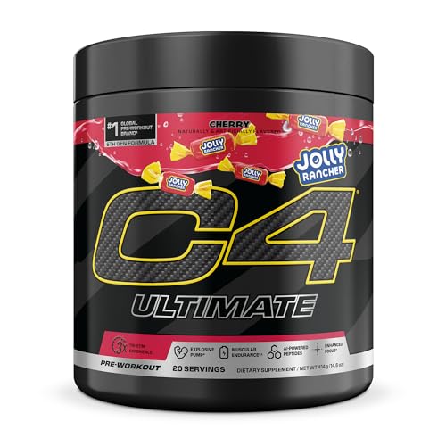 Image of Cellucor C4 Ultimate Pre Workout Powder - Sugar Free Preworkout Energy Supplement for Men & Women - 300mg Caffeine + TeaCrine + Dynamine + Creatine - Jolly Rancher Cherry, 20 Servings