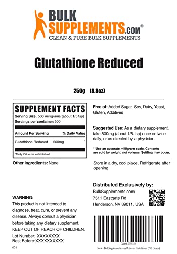 Bulksupplements.com Glutathione Reduced Powder (Reduced Glutathione) - For Antioxidant & Liver Support - Gluten Free, Soy Free - 500Mg Per Serving (250 Grams - 8.8 Oz) #TOP1