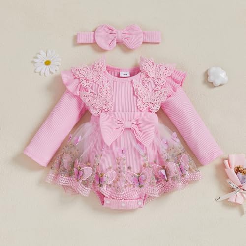 Newborn Girl Outfit Long Sleeve Flower Butterfly Embroidery Knit Romper Dress Bowknot Headband Infant Baby Clothes4