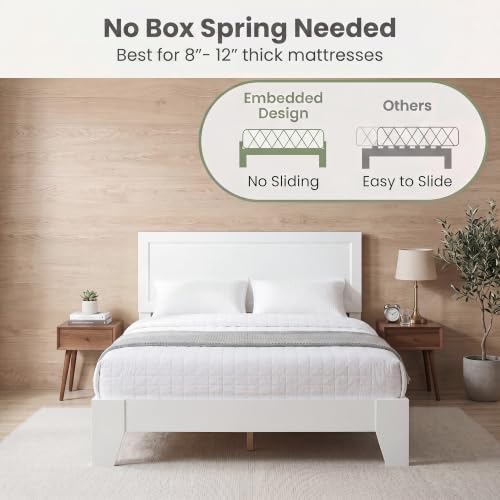Image of GIANTEX Queen Size Wooden Bed Frame with Headboard, Wood Slat Support | Modern Platform Bed with Heavy Duty Mattress Foundation, Under-Bed Storage, No Box Spring Needed, Easy Assembly (White)