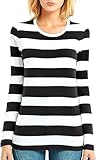 Long Sleeve T Shirt Women Wide Striped Tee Crew Neck Black White Stripes Top XL