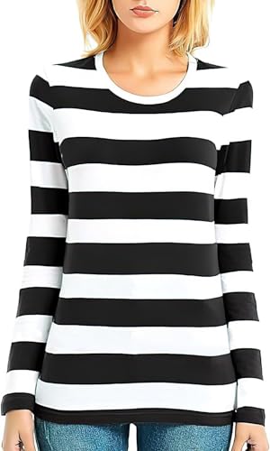 Long Sleeve T Shirt Women Wide Striped Tee Crew Neck Black White Stripes Top XS
