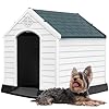 DWVO Plastic Dog House, Weatherproof Outdoor/Indoor Doghouse, Puppy Kennel with Air Vents and Elevated Floor