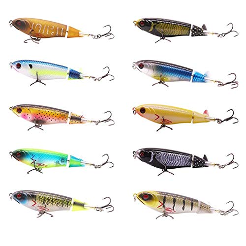 Nuguri Topwater Fishing Lures Plopper Bass Lures With Floating Rotating Tail Barb Treble Hooks Artificial Hard Bait Swimbait Lures For Bass Trout Walleye Pike Musky #TOP1