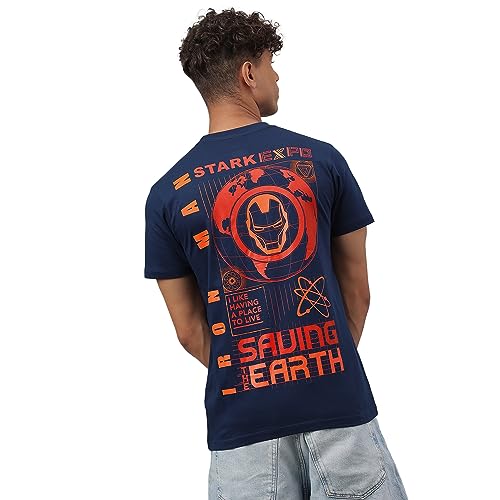 Image of Free Authority Iron Man Printed Regular Fit Blue Cotton Men's T-Shirt