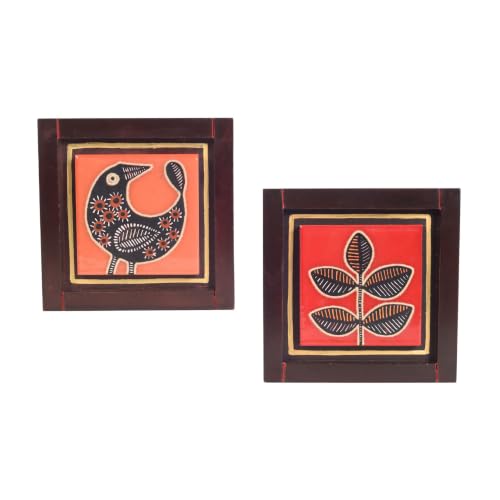 Image of AAKRITI ART CREATIONS Pichhwai Handcrafted Tiles Wall Art Panel, Madhubani Art Wall Hanging Set of 2, Brown and Red Wall Decor | Glossy Finish Ceramic and Wooden | Living Room, Bedroom, Office