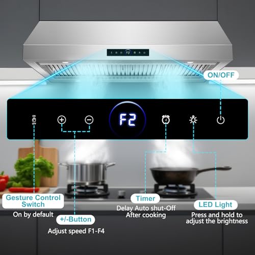 Image of 48 inch Under Cabinet Range Hood 1500 CFM with 4-Speed Gesture Sensing & Touch Control, Stainless Steel Kitchen Stove Vent Hoods with 4 LED lights, Time Setting, Dishwasher-Safe Baffle Filters