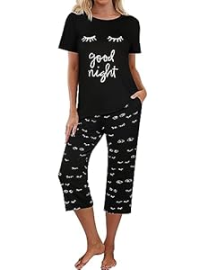 Ekouaer Damen Schlafanzug Kurz Capri 3/4 Lang Schlafhose Zweiteiliger Sommer Pyjama Set Kurzarm, Schwarz, XL