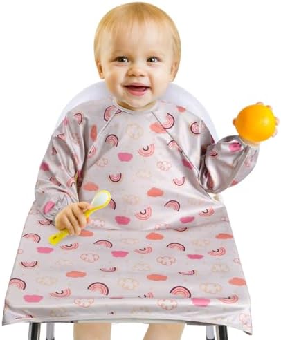 Vicloon Coverall Baby Feeding Bib, Weaning Bib Attaches to Highchair and Table, Long Sleeves Bib with Waterproof, Comfortable,Machine Washable, Baby Bib For 6 Month to 3 Years Old (Pink)