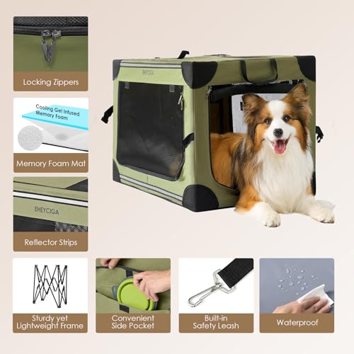 Image of EHEYCIGA Collapsible Dog Crate 30 Inches, Portable Travel Crate for Medium Dogs, Soft Foldable Pet Kennel with 4-Door Mesh Windows Indoor & Outdoor, Green