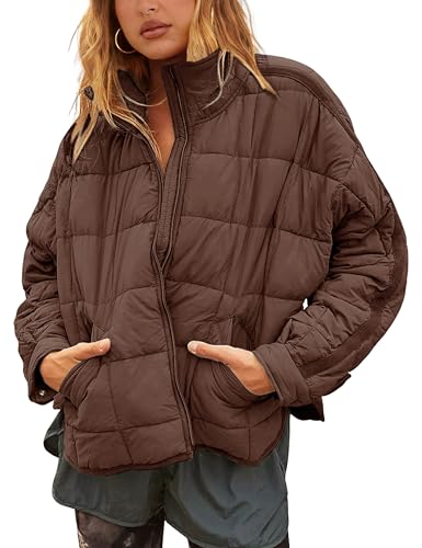 Bianstore Women's Oversized Splice Quilted Lightweight Puffer Jacket Casual Padded Coat (Coffee-Small)