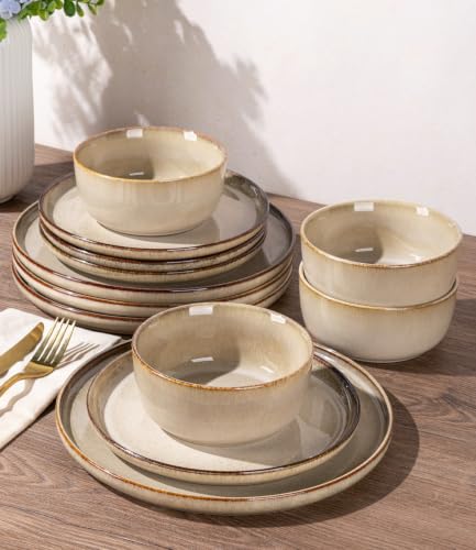 Image of GBHOME Dinnerware Sets for 6, 18 Pieces Stoneware Plates and Bowls Sets, Scratch Resistant Dishes, Dishwasher & Microwave Safe, Reactive Glaze