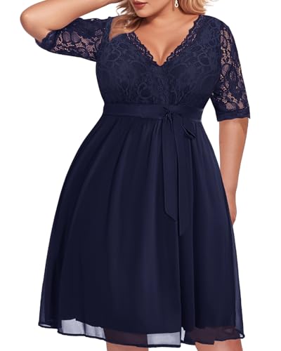 Pinup Fashion Plus Size Lace Chiffon Wrap V Neck Dresses Women Cocktail Wedding Guest Midi Dress4