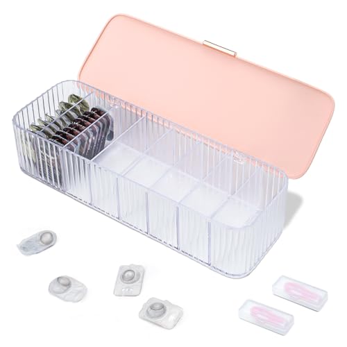Fatiya Daily Contact Lens Organizer with 2 Remover & 2 Tweezers, Disposable Contact Lens Storage with Lid & 8 Grids, Clear Contact Lens Dispenser Case Box for Desk Home Office Art Supply (Pink)