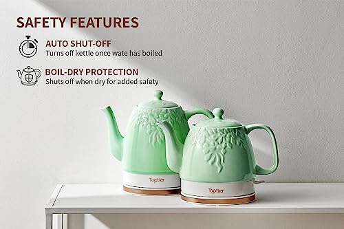 Toptier Electric Ceramic Tea Kettle, Boil Water Quickly and Easily, Detachable Swivel Base & Boil Dry Protection, Carefree Auto Shut Off, 1 L, Green Leaf - Thumbnail 3
