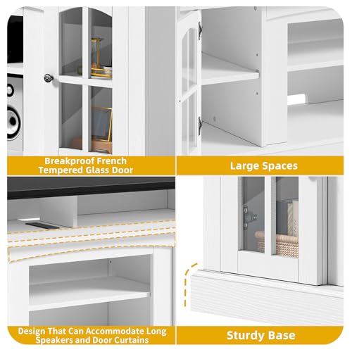 DWVO Farmhouse TV Stand for 65 Inch Television w/Outlets, LED Modern Entertainment Center with Glass Doors and Adjustable Storage Shelves, Media Console TV Cabinet for Living Room, White/Black