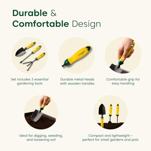 Image of KYARI Gardening Tools Kit for Home Gardening - 3Pcs Hand Tool Set with Trowel Cultivator Weeder for Digging Planting Weeding Loosening Soil