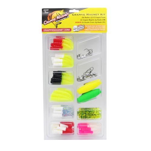 Crappie Magnet 78-Piece Kit - 64 Bodies, 2 E - Z Floats, 6 Crappie Magnet Jig Heads, 8 Double Cross Jig Heads, Freshwater Fishing Kit