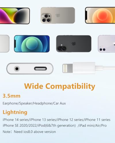 Image of Lightning to 3.5mm Headphone Jack Adapter, Apple MFi Certified 2-in-1 Charger & Audio Dongle for iPhone 14 /13 /12 /11 /XS /XR, Charge & Listen,DAC Chip,Hi-Fi Sound,for Car Aux, Home, Travel (5, White)