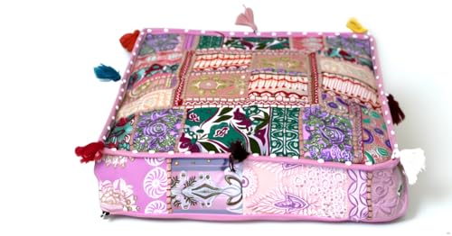 CRAFT KALA Indian Square Patchwork Traditional Pouf Cover Indian Living Room Poufs Decorative Embroidered Designer Ottoman Home Living Footstool Chair Cover Decor Pillow Cover 18x18x5 inches Baby Pink