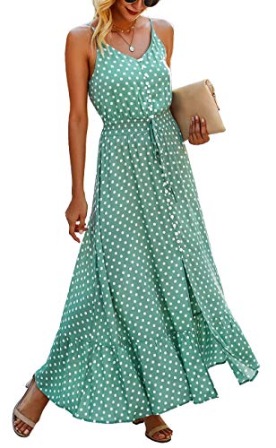 BTFBM Women Summer Spaghetti Strap V Neck Polka Dot Floral Print A-Line Button Down Casual Sleeveless Slit Maxi Dresses(Polka Dot Light Green, Large)